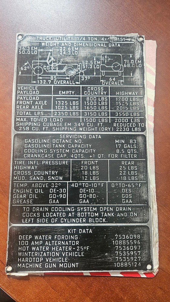 Original Very Early M151 data plate Original Military Issue ~8" Tall