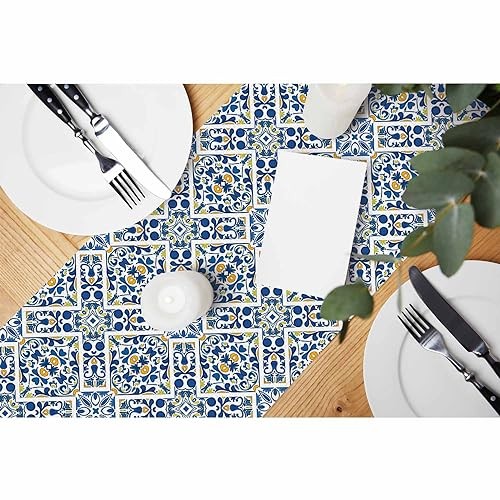 HOSNYE Table Runner Blue Ethnic Geometric Flower Pattern,Cotton pattern-B017