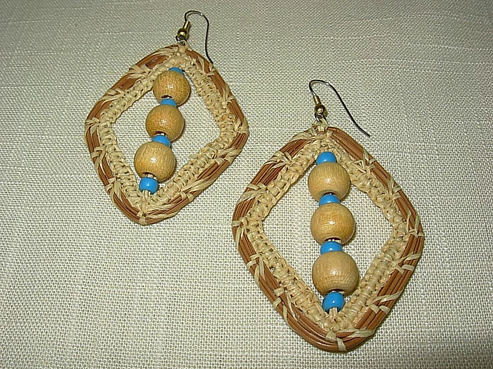 Handcrafted Pine Needle Raffia Drop Dangle Pierced Earrings 2 1/4"