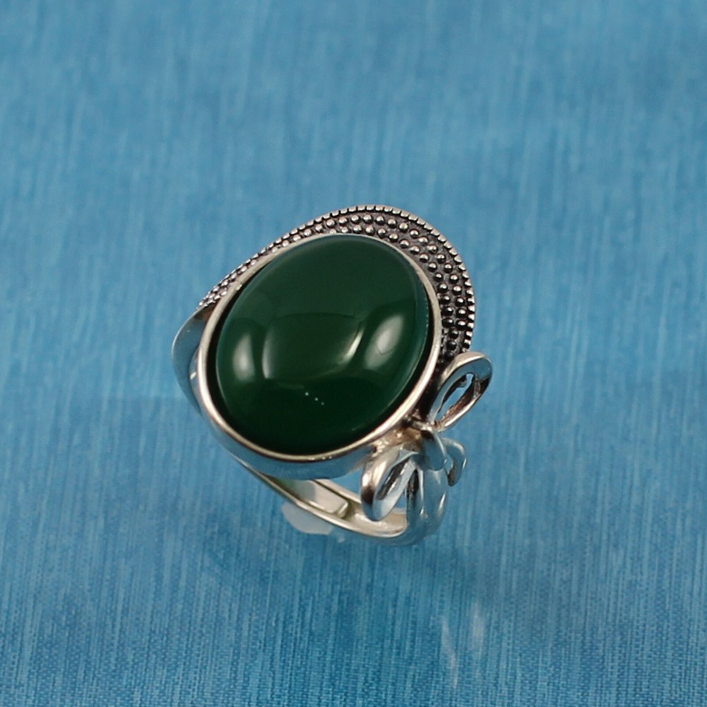 Green Agate Sterling Silver Hand Crafted Solitaire Ring (12x15mm)