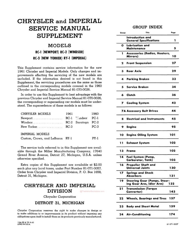 1961 Chrysler Service Manual Supplement