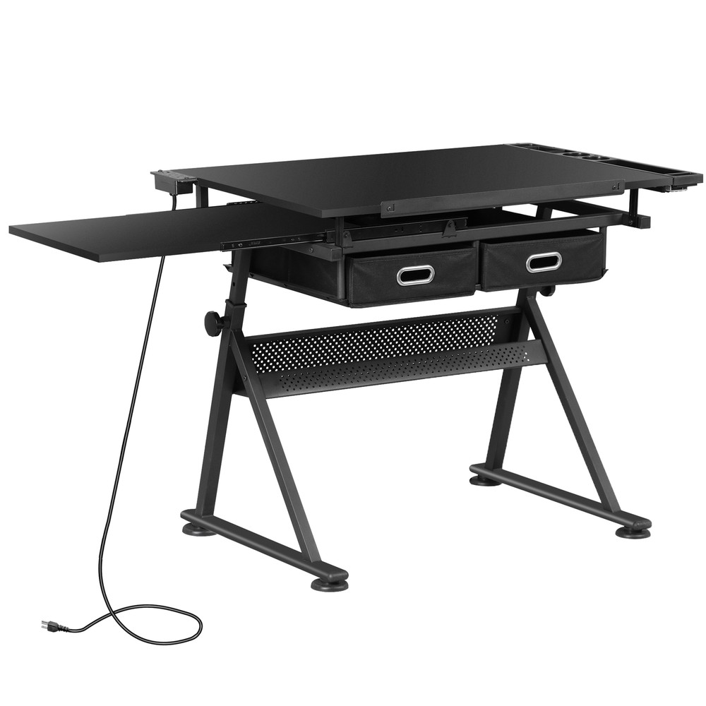 Adjustable Drafting Table with Outlet Artist Drawing Table with Stool Black