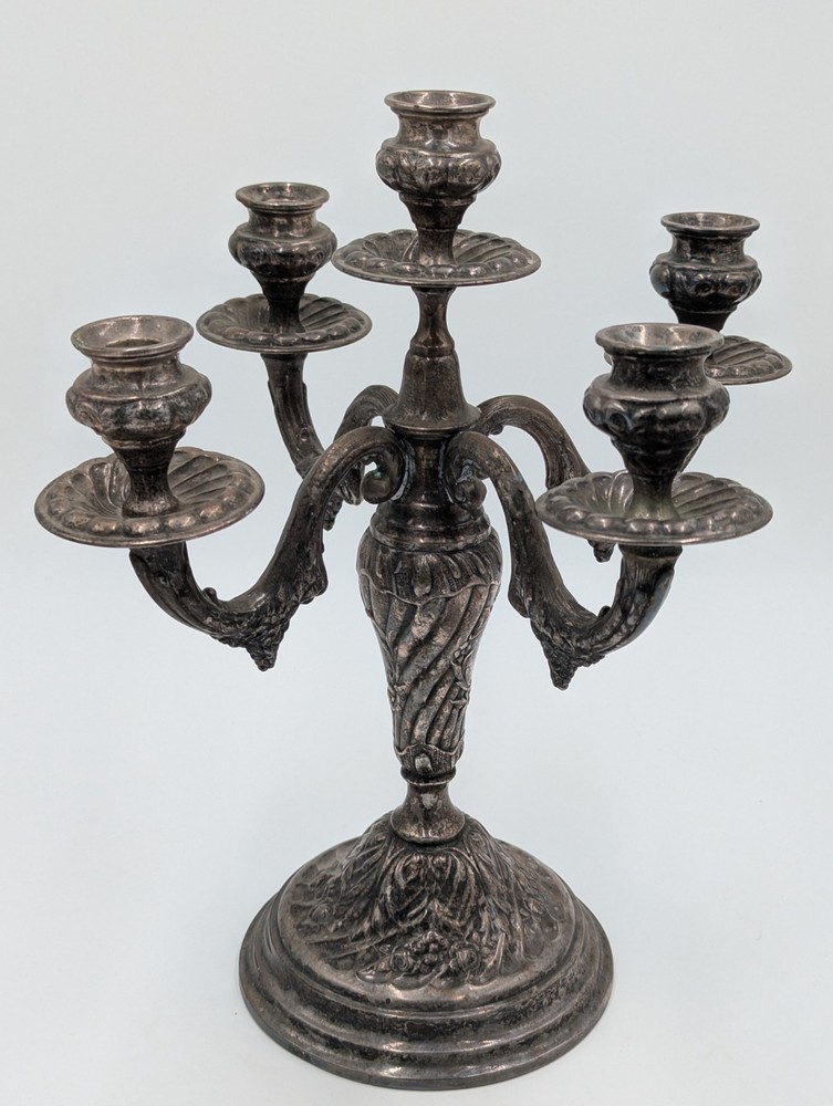 Silver Candelabra Large 5 Candle Floral Pattern
