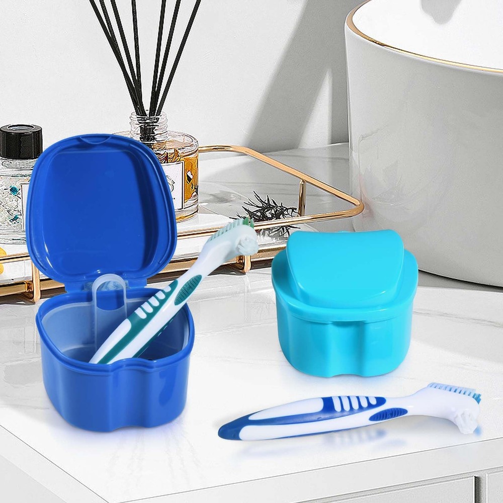 KISEER 2 Pack Denture Bath Case Cup Box 4 Piece Set, Light Blue and