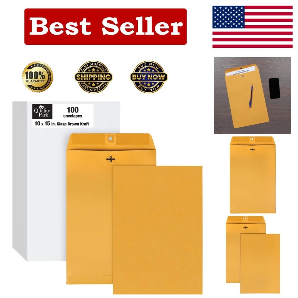 Reliable 10 x 15 Kraft Clasp Envelopes - Secure Document Storage, 100 Pack