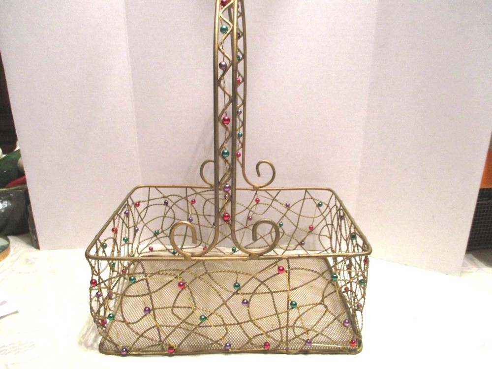 Gold Metal Rectangular Beaded Basket With Handle Open Scroll Weaved