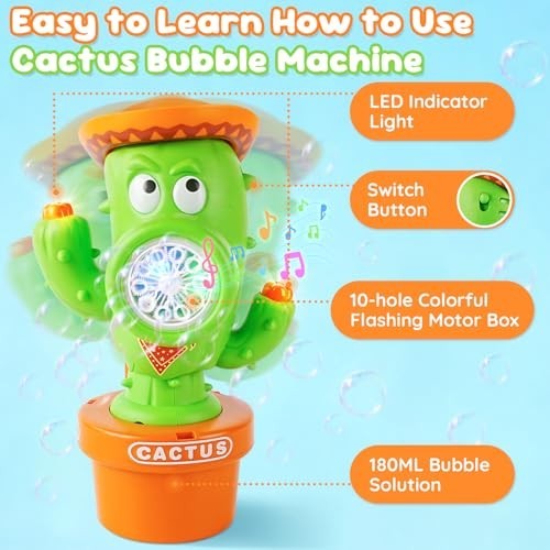 Automatic Cactus Bubble Machine with Music & Lights - Portable Bubble Blower for