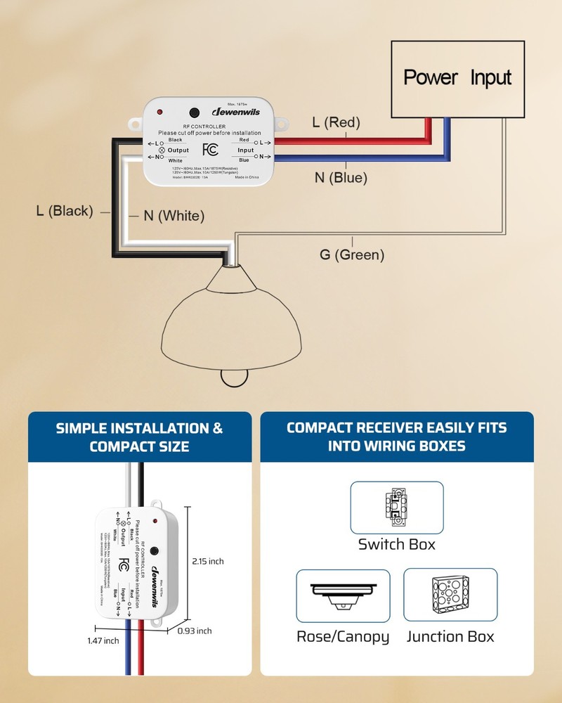 EDISHINE Wireless Light Switch&Receiver Kit 15A Hight Power Remote Light Switch
