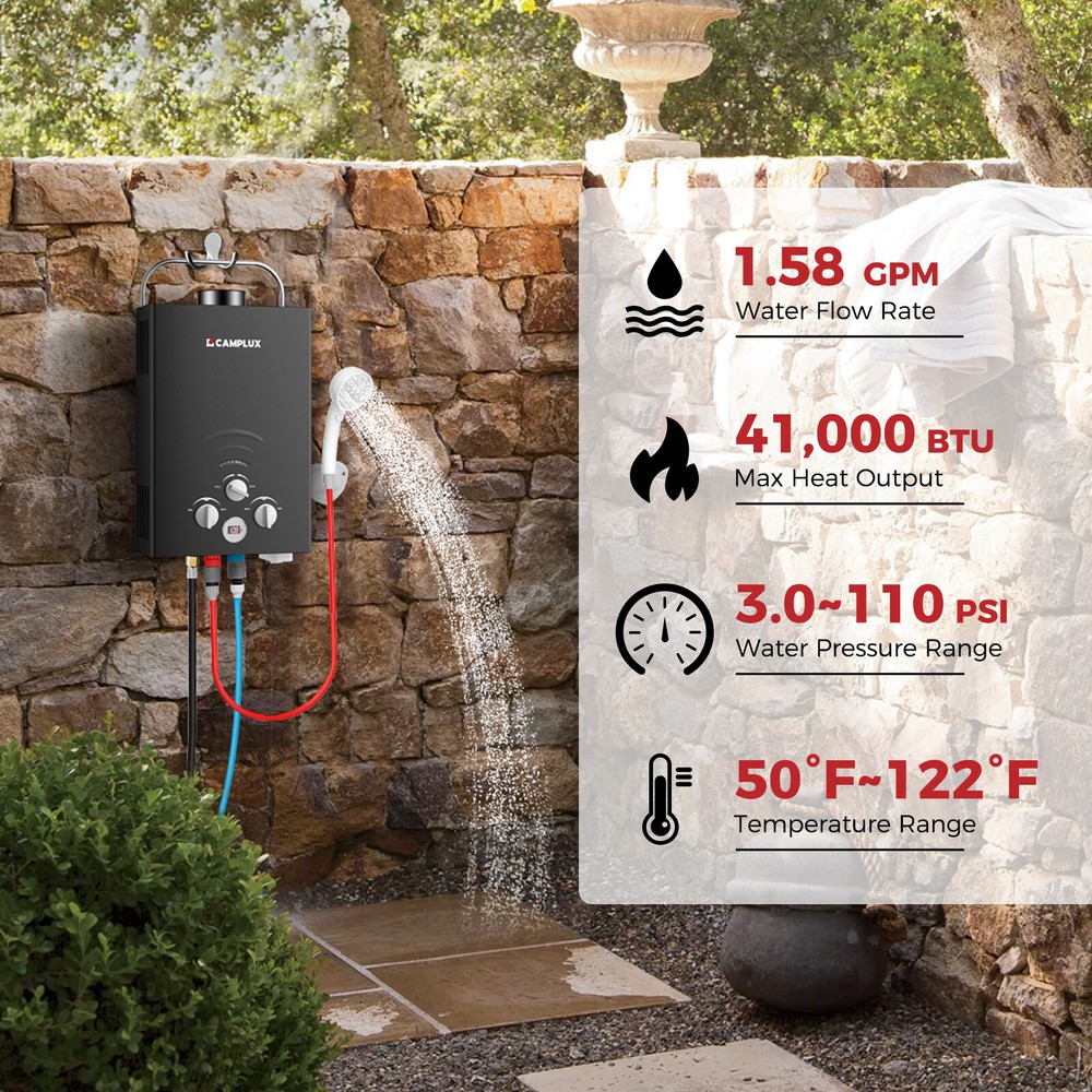 6L Portable Camplux Gas Water Heater 1.58 GPM Instant Hot Outdoor Shower Black