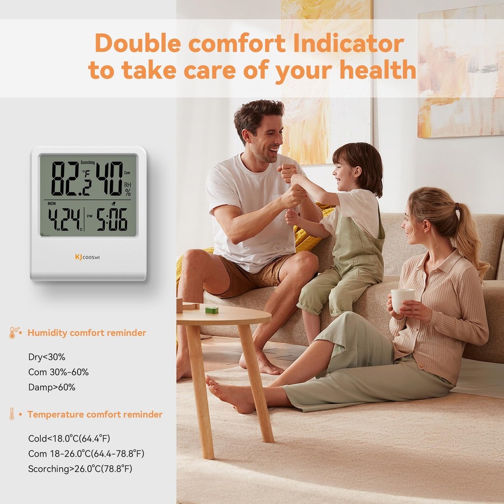 Indoor Thermometer, Room Thermometer and Hygrometer with Clock, White