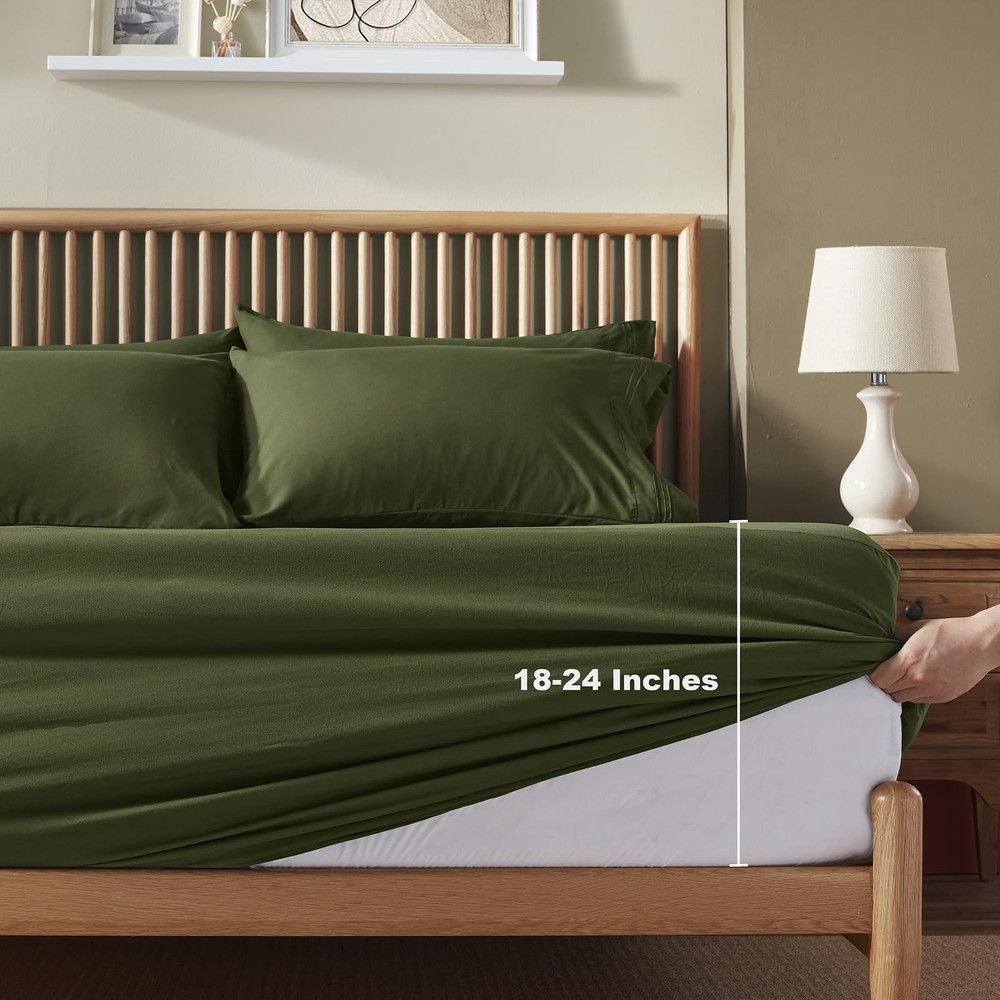 Extra Deep Pocket Queen Size Sheets Set, 6 Pieces Soft Olive Green Sheets 18-...