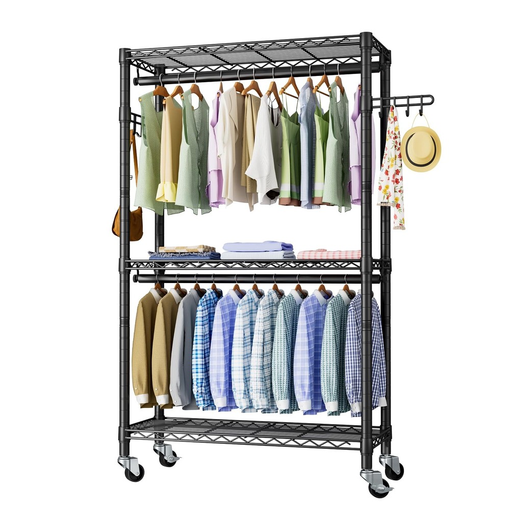 Heavy Duty Clothes Rack Rolling Garment Rack,3 Tier Adjustable Wire Shelving ...