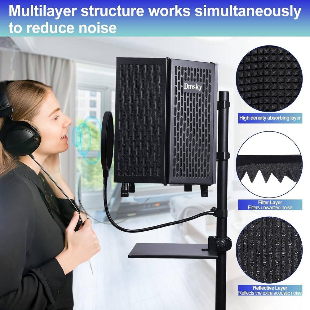 Microphone Isolation Shield with Pop Filter & Tripod Stand Foldable Triple Sound