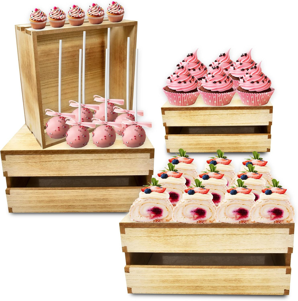 Wooden Buffet Risers Set - Rustic Display Stands for Cakes & Desserts (4 Sizes)