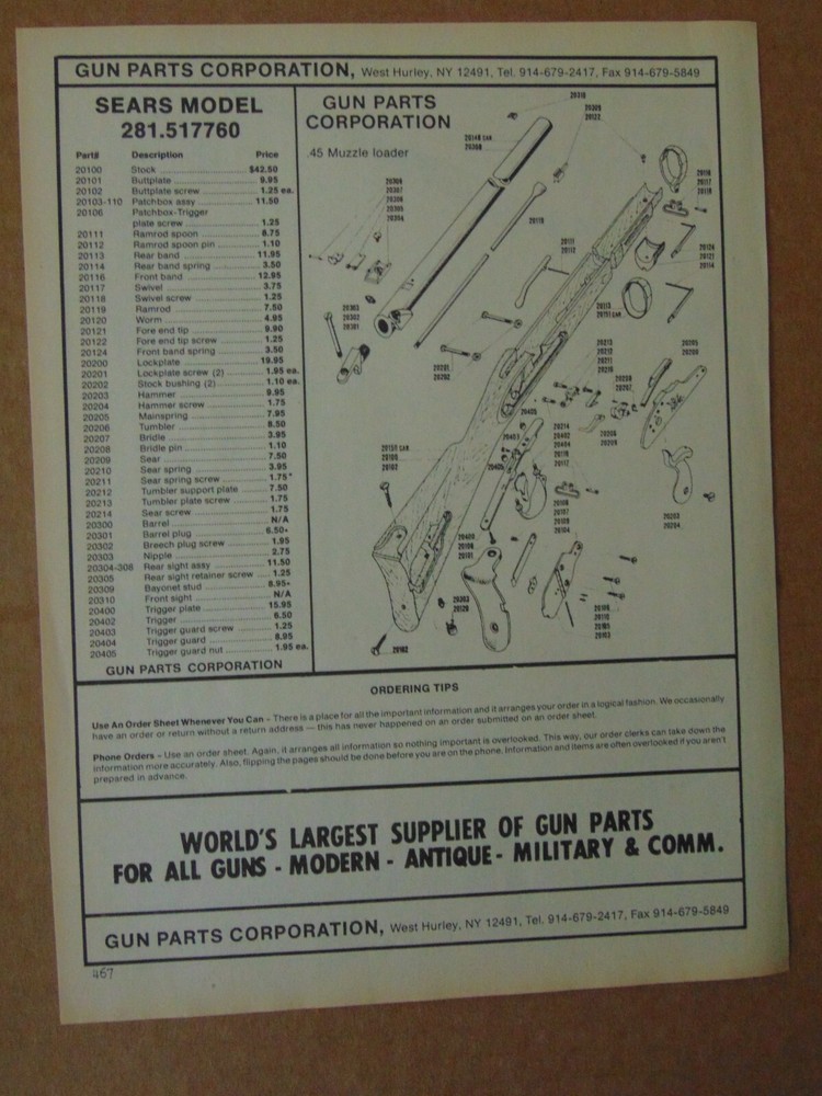 SEARS .45 Muzzle Loader Parts assembly Diagram 1990's catalog print ad