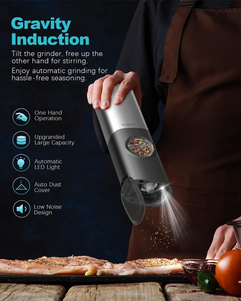 Pepper Grinder Rechargeable Gravity Salt and with 6 Adjustable Coarseness LED
