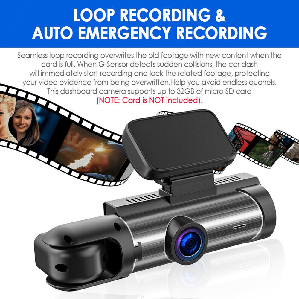 Dash Cam 3.16in Car DVR Dual Lens Front Inside Camera Driving Recorder G-sensor
