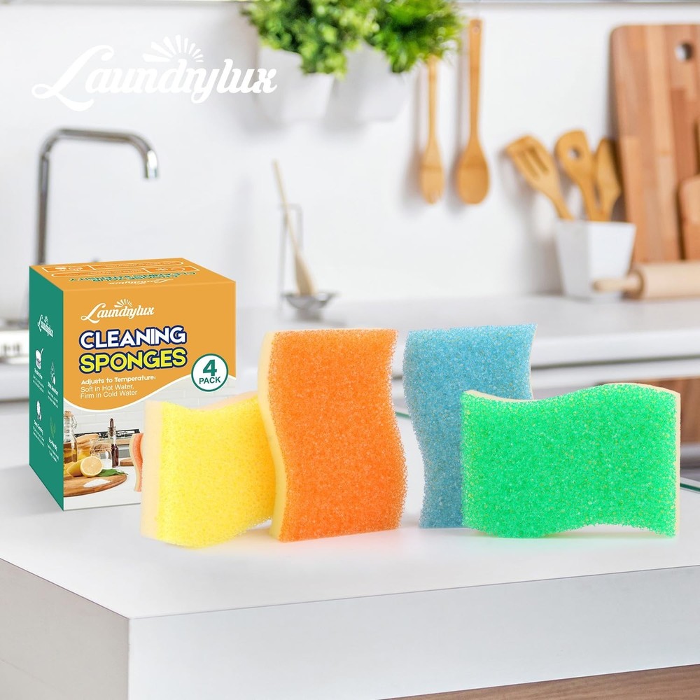 Scrub Sponge, 4 Pack Dual-Sided Temperature-Responsive Scrubber - Non-Scratch...