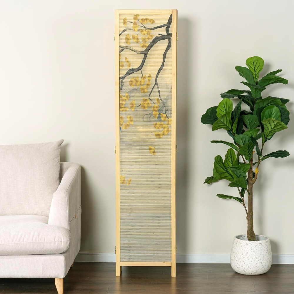 Freestanding 6 Panel Bamboo Room Divider, Artwork Partition Folding Screen