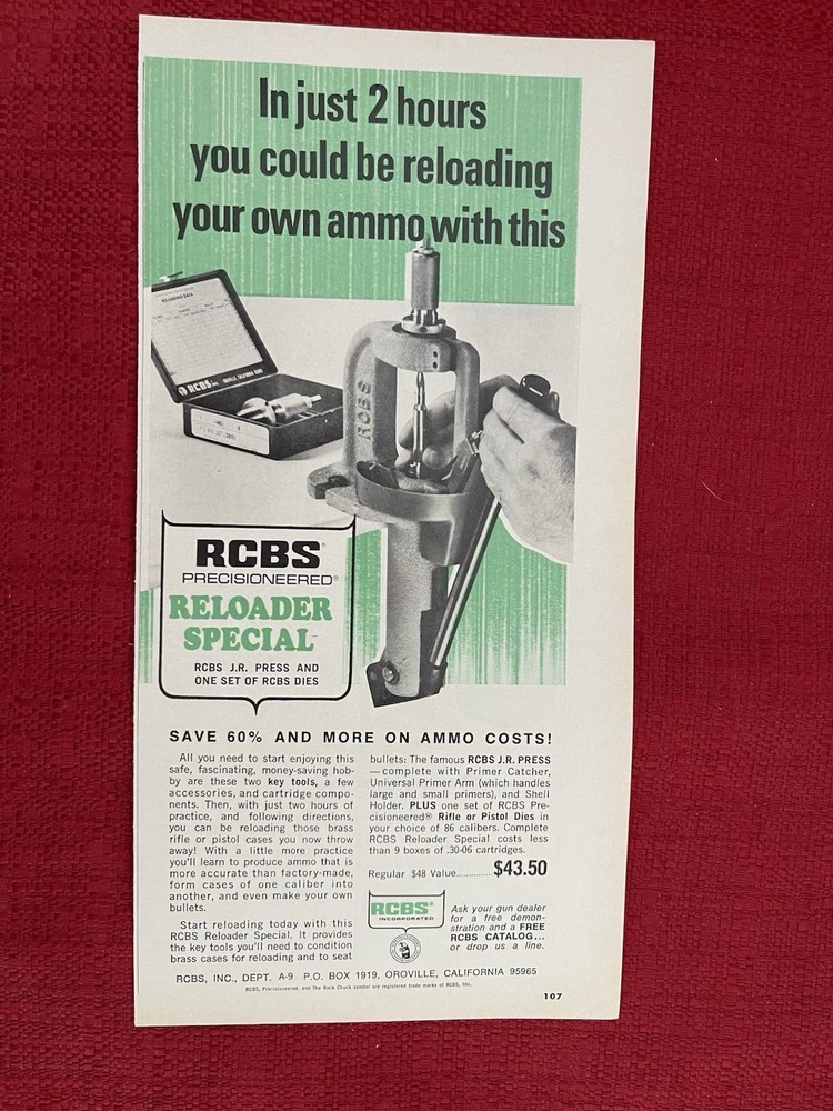 Vintage 1973 Print Ad RCBS Reloader Special JR Press Primer Catcher Ad
