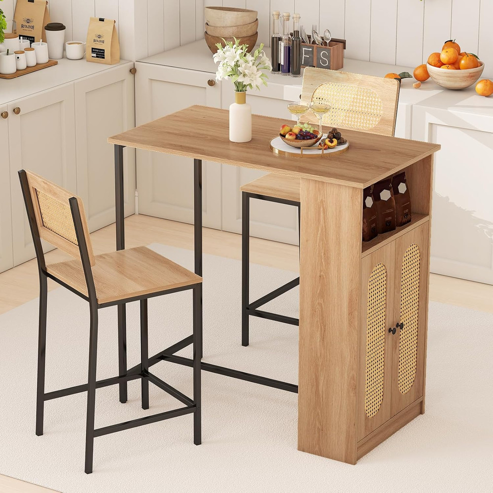 Boho 3-Pc High Top Table & Stools Set with Storage, Metal Frame, Counter Height