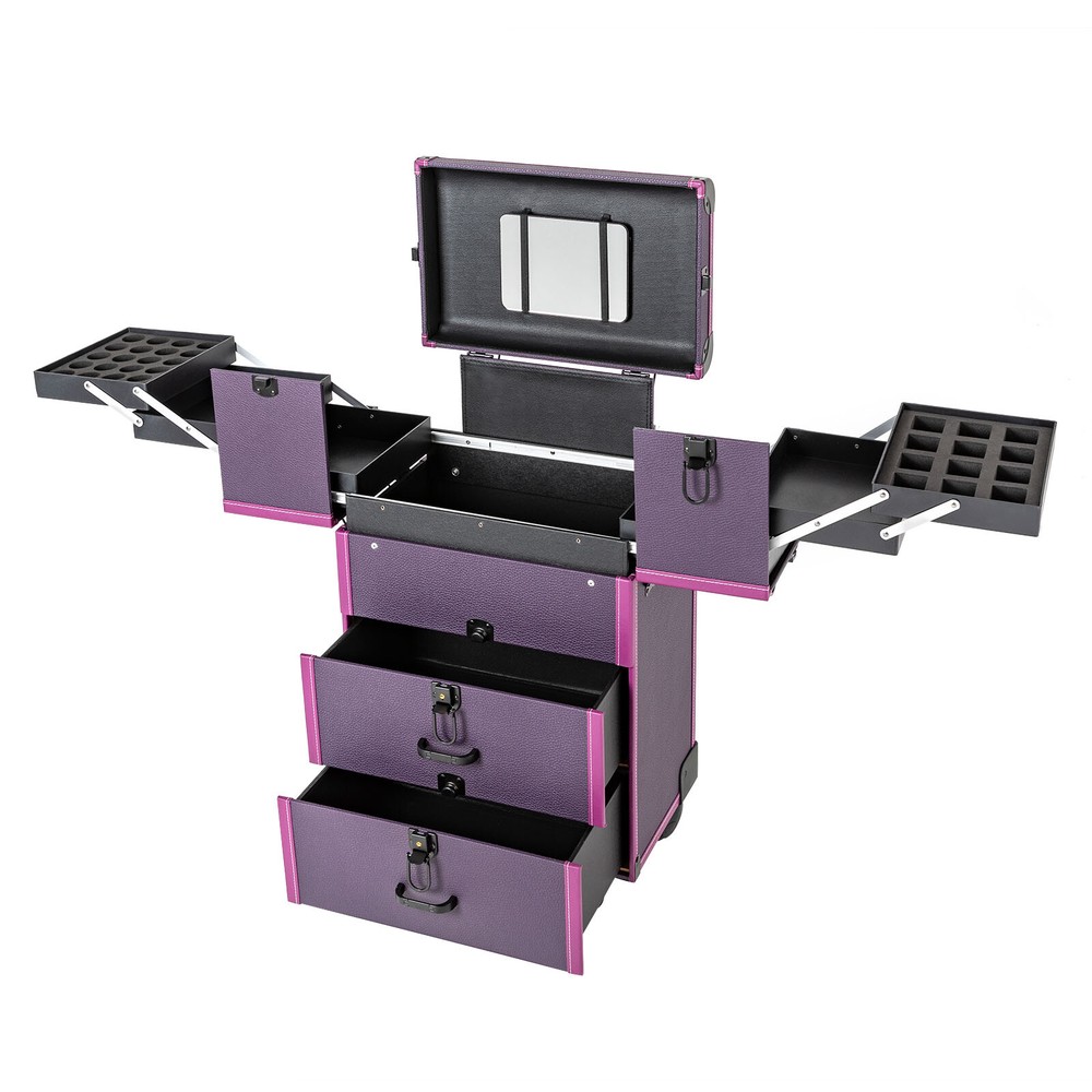 Portable Rolling Makeups Train Case Lockable Cosmetic Storage Organizer Trolley