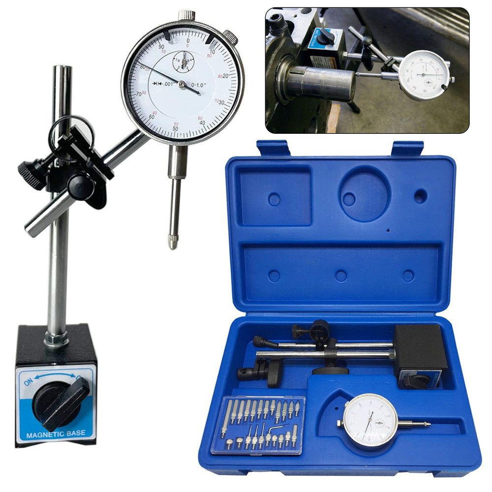 Precision Dial Indicator with Magnetic Base Holder Fine Adjustable Long 0.01"