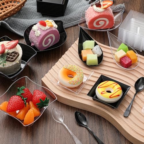 200 Pcs Mini Appetizer Plates with Spoons Forks Black, Clear Classic