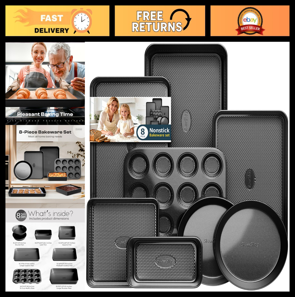 8-Piece Nonstick Bakeware Set - Stackable Oven Pans, Cake, Muffin, Cookie & Roas