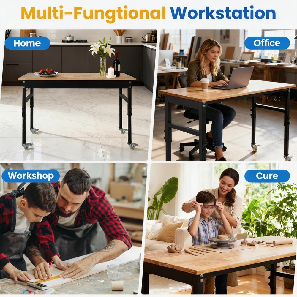 Adjustable Height Workbench 48"x24" Work Bench Table 2000Lbs with Pegboard Hooks