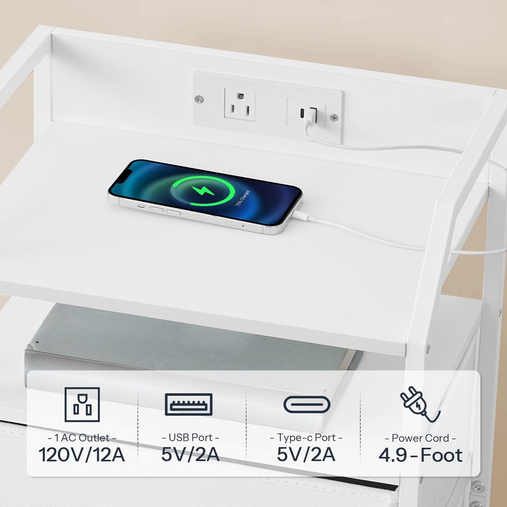 Nightstand with Charging Station, Bedside Table with Adjustable Fabric Drawer...