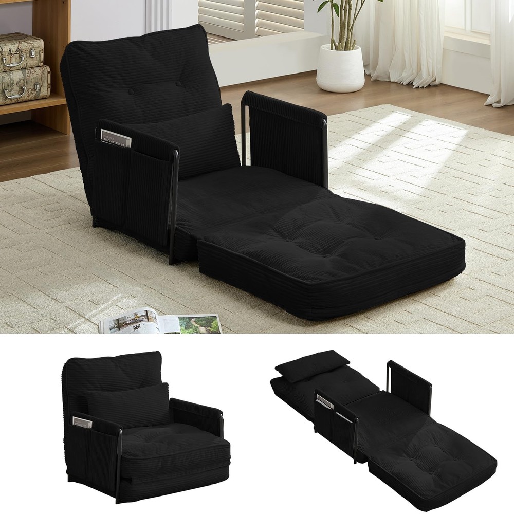 Foldable Floor Sofa with Pillow Adjustable Backrest Sleeper Bed Black Single