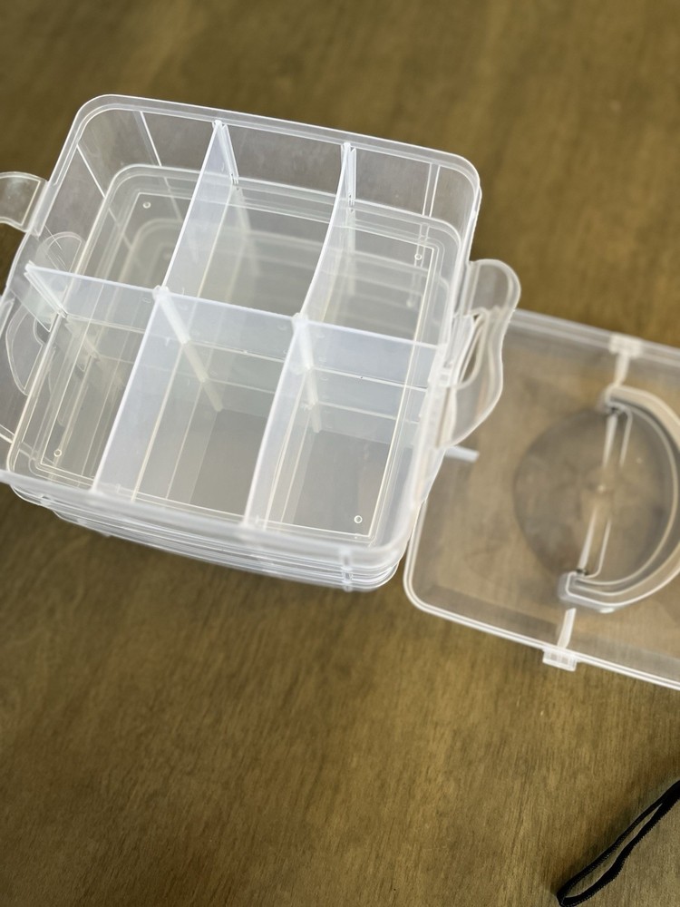 Stackable Storage Container, Coear Plastic, 6 Compartments, Square, 8x8x6 in