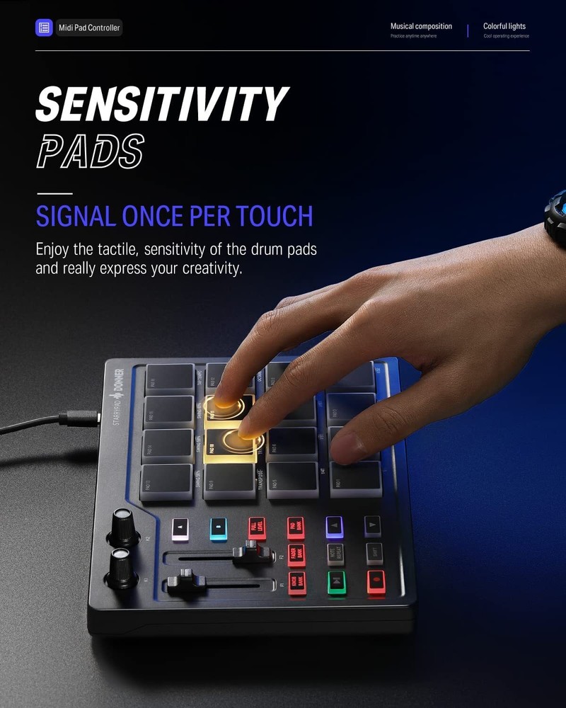 Donner DPD-16 USB MIDI Controller 16 Beat Pads 2 Fader & Knobs Witth Software