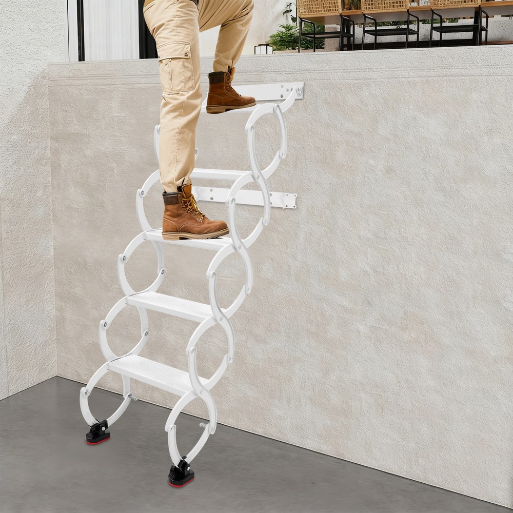 5-Step Wall Mounted Folding Ladder, White Retractable Telescoping Step Stairs