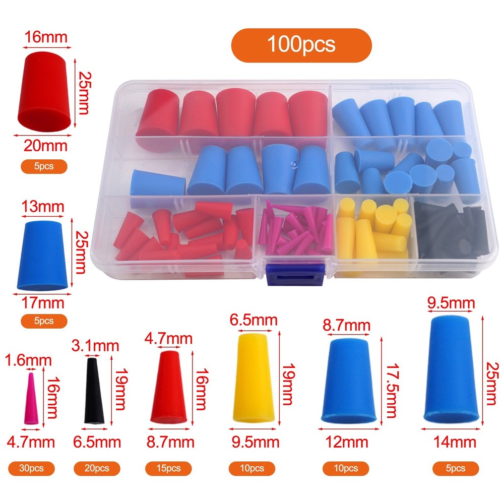 100 Pcs High Temp Silicone Rubber Tapered  Kit,Silicone  Assortment Kit
