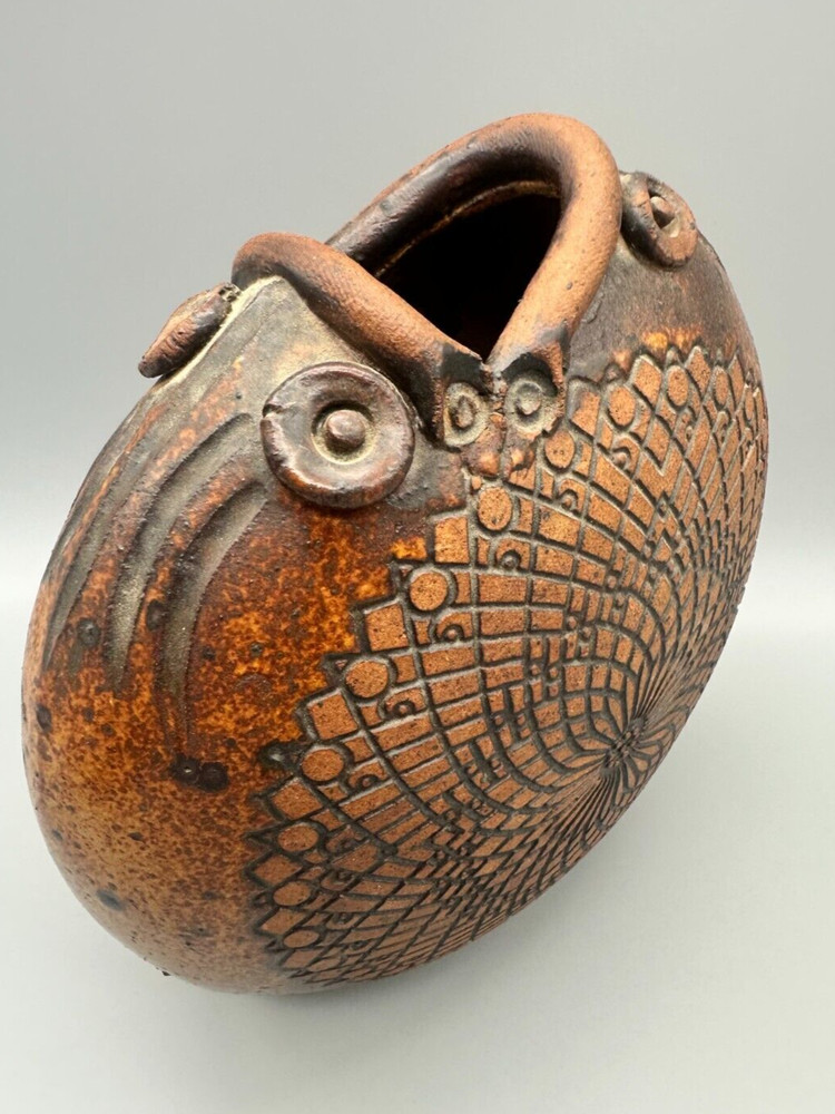 Brown Earthenware Vase Two Fish Geometric Design Unique 8.5” Diameter