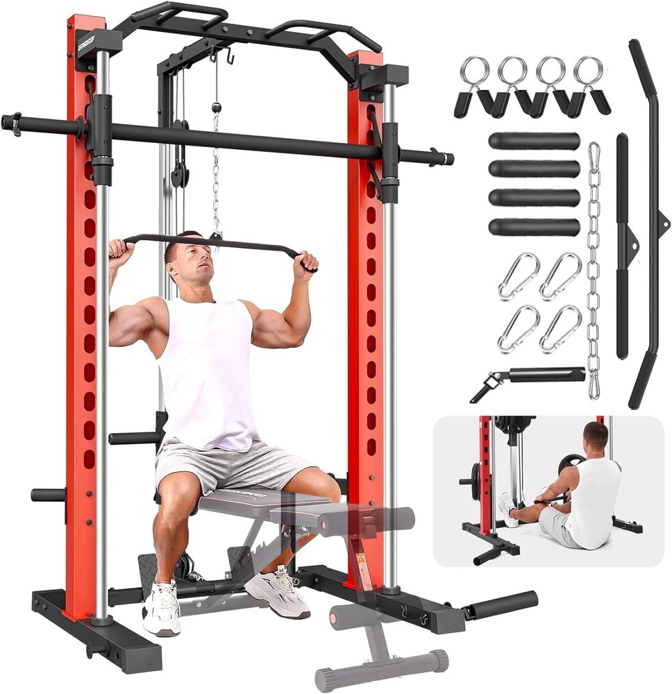Smith Machine Squat Rack All-in-One Power Rack Cage with LAT-Pull Down System US