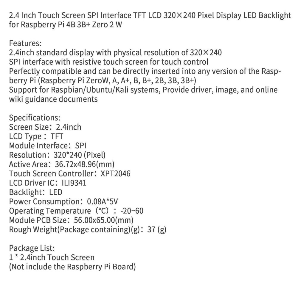 2.4" Touch Screen TFT LCD 320*240 Pixel Display for Raspberry Pi 4B 3B+ Zero 2 W