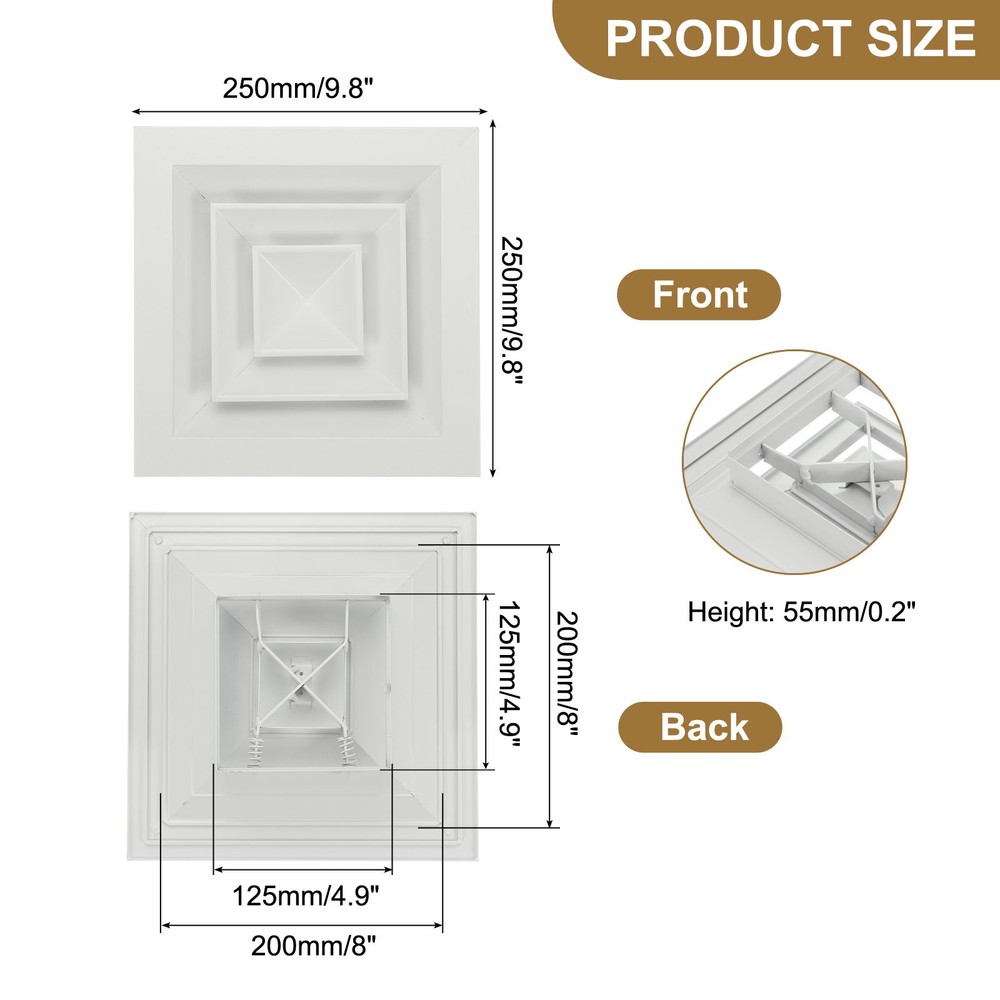 5"x5" Aluminum Square Ceiling Diffuser White 8" x 8" Ducting Opening Size