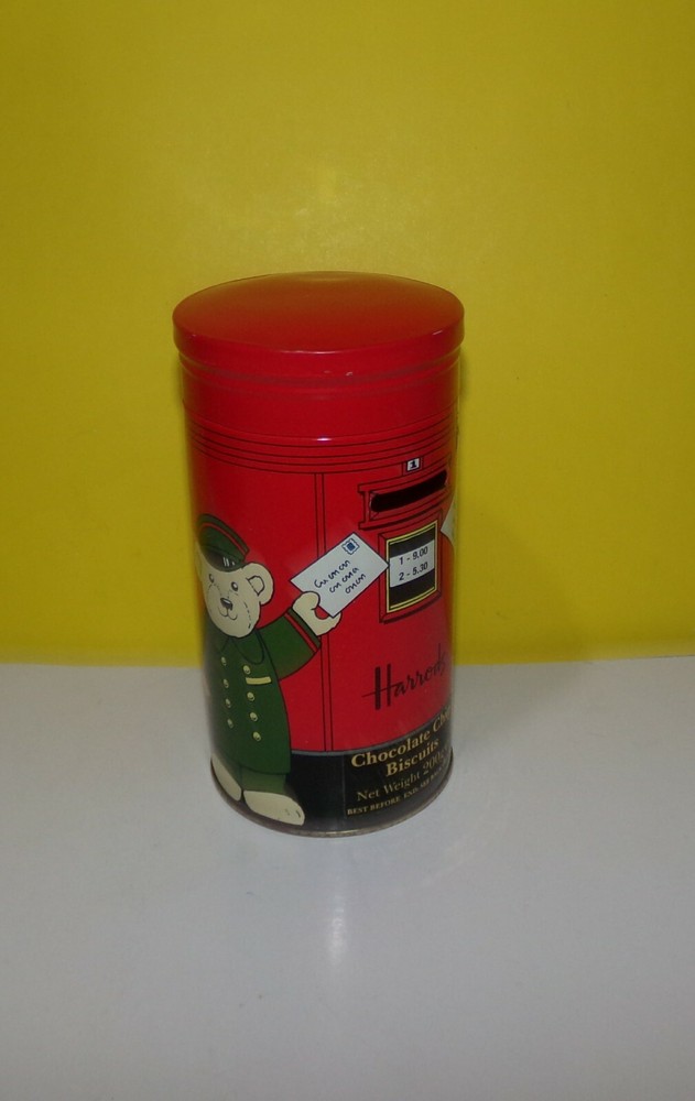 Harrords Post Money Box Empty Chocolate Chip Biscuits Tin Teddy Bears 6" Tall