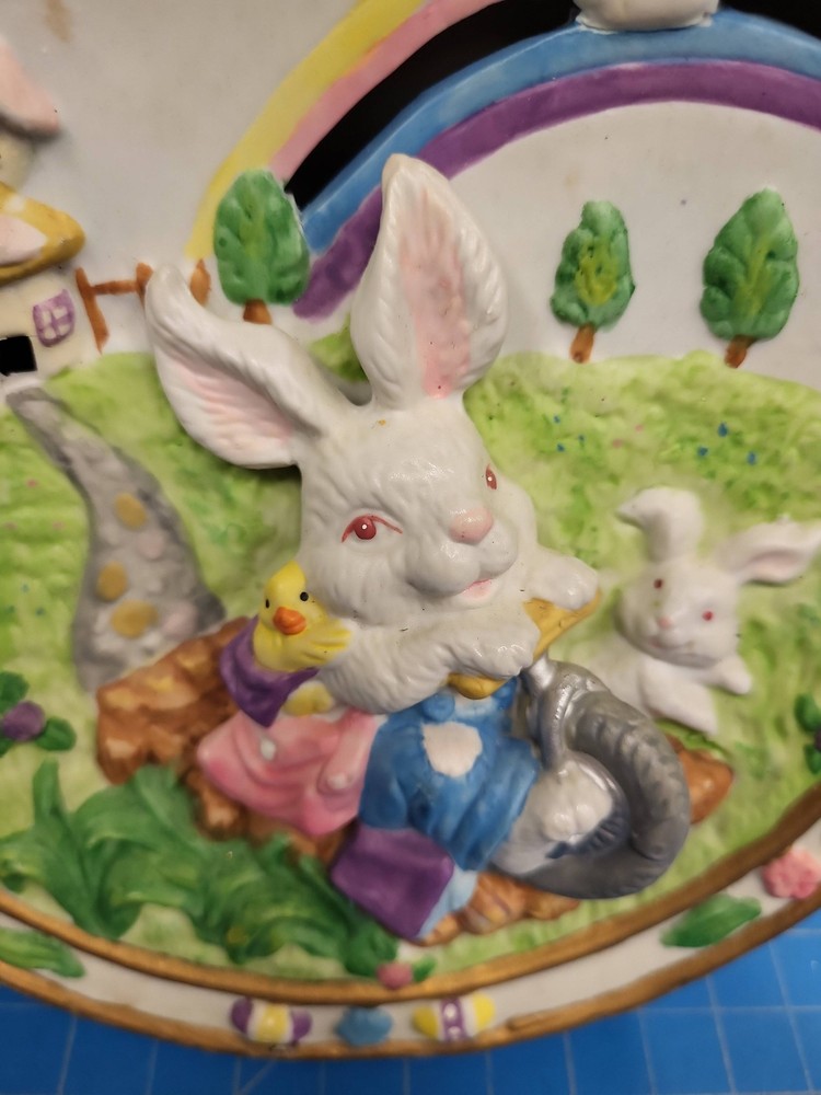 Vintage Easter Bunny Rabbit Plate 3D Relief Spring Decor Ceramic Display 6 inch