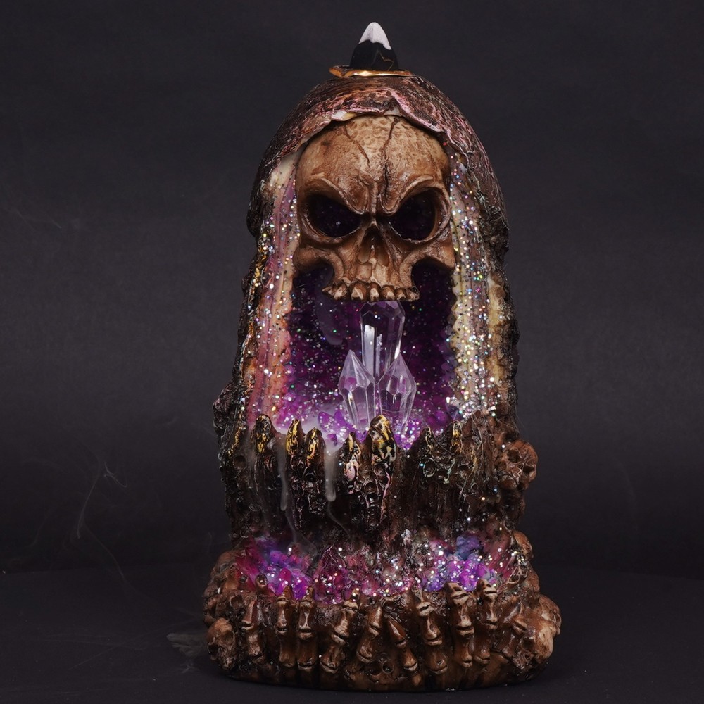 Geode Skull Backflow Burner with LED – 6.5" Tabletop Decoration for Meditation