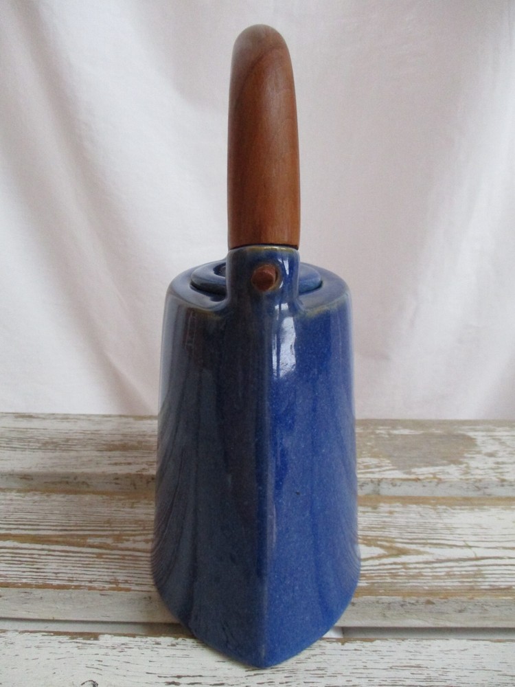 Ceramic Stoneware Teak Wood Handle Teapot Blue Speckled