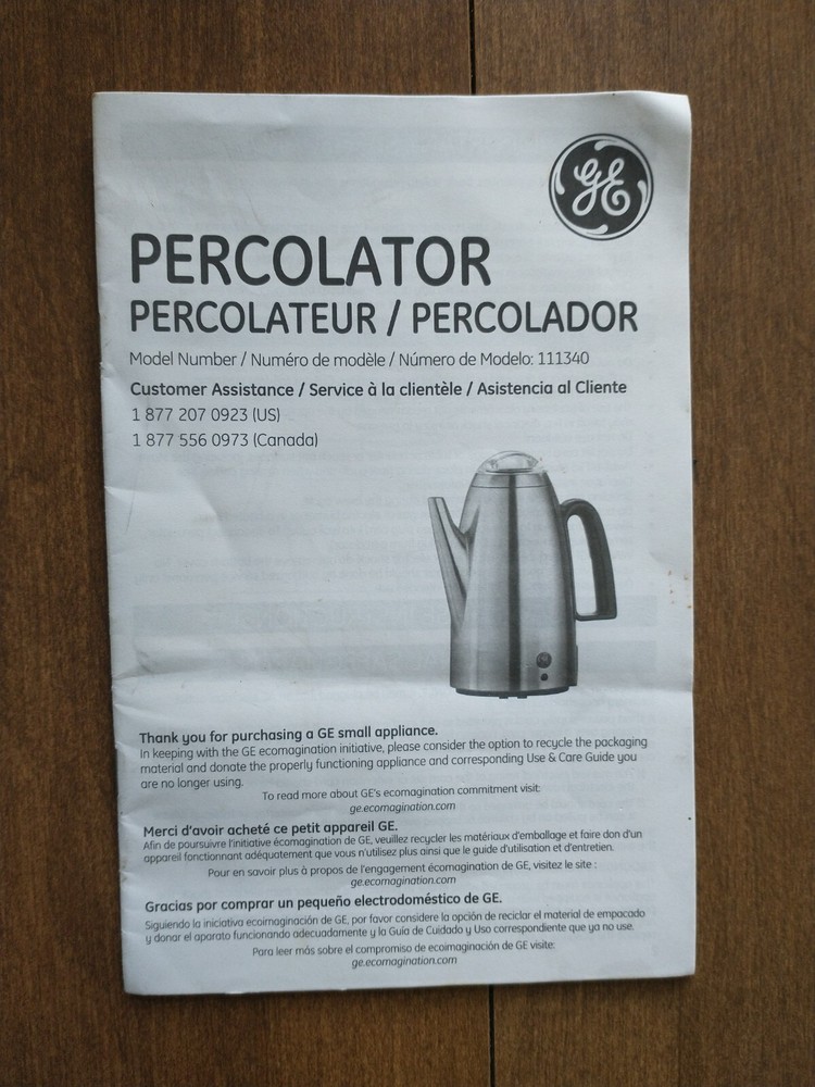 GE Coffee Percolator Model 111340 Owner Operating Manual