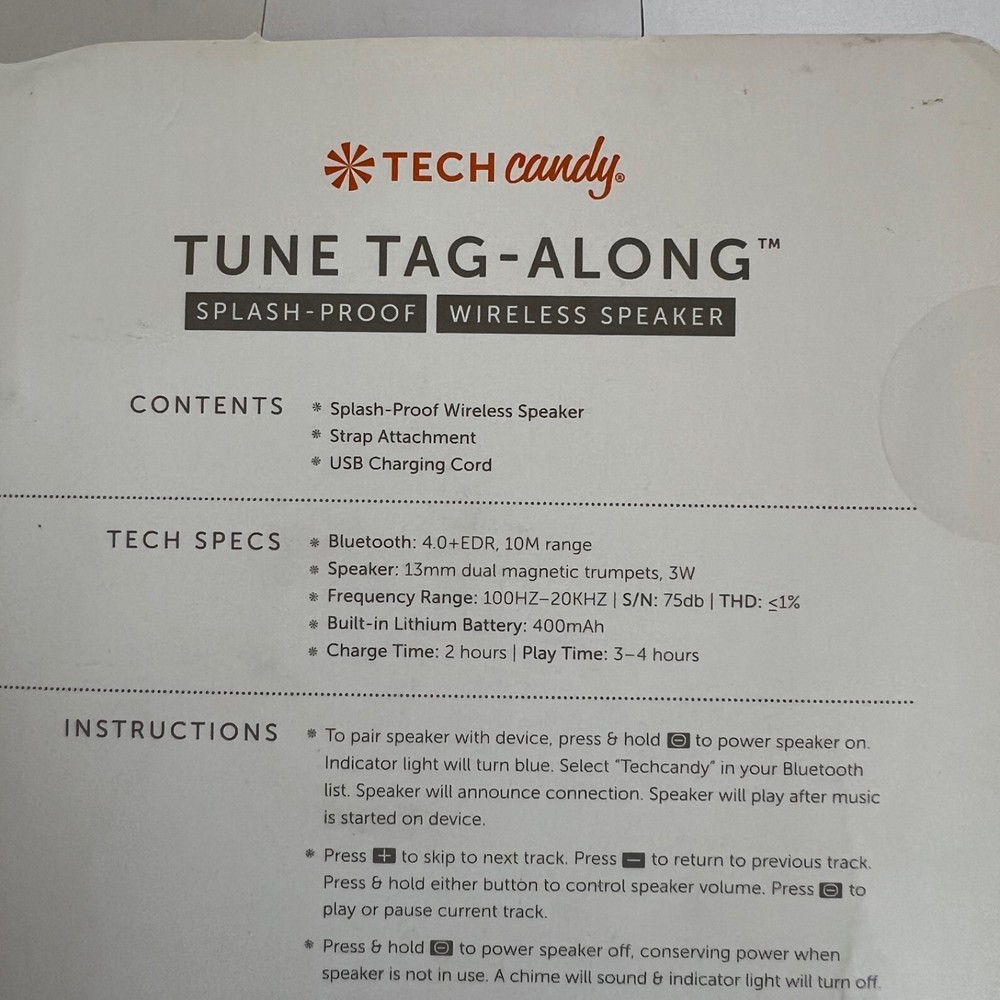Tech Candy Tune Tag-Along Bluetooth Wireless Speaker Purple – Splash-Proof, New
