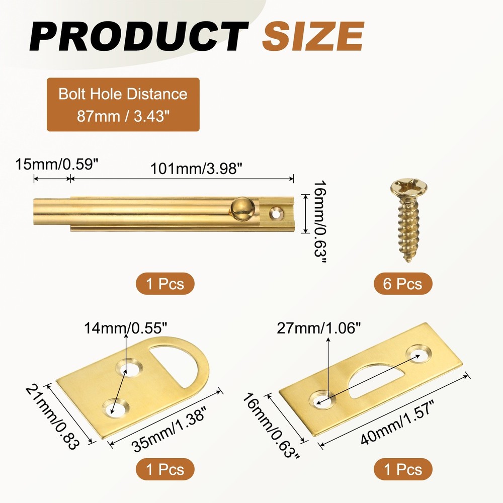 4" Solid Brass Surface Bolt, Polished Slide Latch Door Lock, Brass Tone