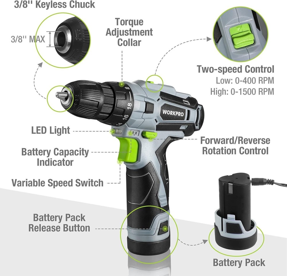 Complete Home Maintenance Tool Kit: 12V Cordless Drill & 61 Essential Tools