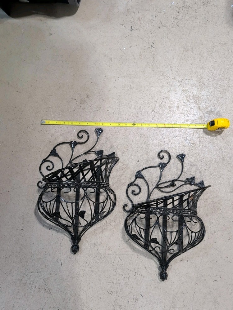 Pair Vintage Scrollwork Wrought Iron Wall Sconces Caged Floral Baskets