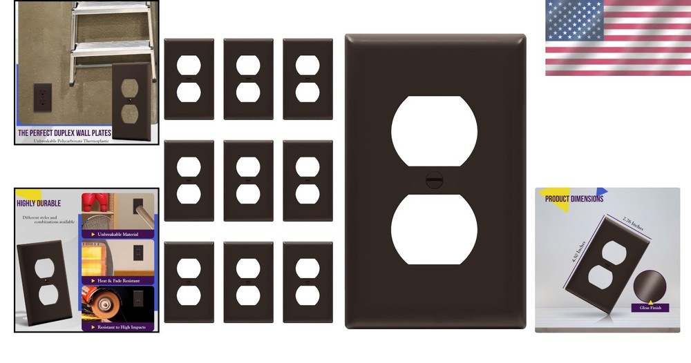 10 Unbreakable Brown Duplex Wall Plates with Gloss Finish - Perfect Home Upgrade